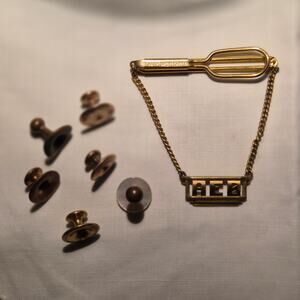 Vintage Swank Monogram Tie Chain & Milligan Collar Studs Gold Tone Lot